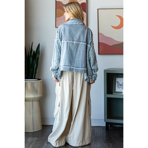 Oli & Hali Washed Contrast Sleeve Denim Button Down Jacket NWOT Size Large - Picture 9 of 9